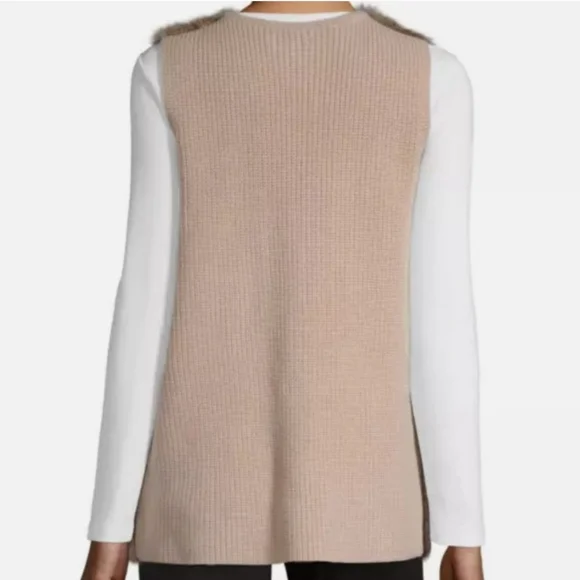 LIZ CLAIBORNE Knit Faux Fur Tan Sweater Vest Size Medium - Picture 2 of 6